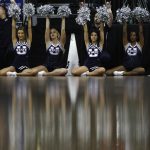 LAS VEGAS, NEVADA - MARCH 07: The Utah State Aggies cheerleaders watch their team play the San Diego State Aztecs during the championship game of the Mountain West Conference basketball tournament at the Thomas & Mack Center on March 7, 2020 in Las Vegas, Nevada. (Photo by Joe Buglewicz/Getty Images)
