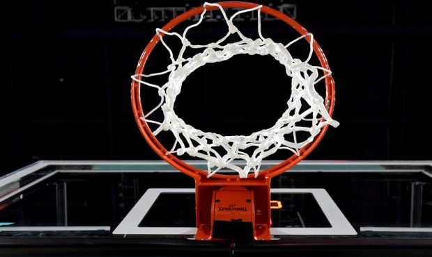 A basketball hoop, net and backboard are shown before a semifinal game of the West Coast Conference...
