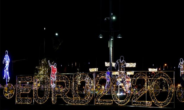 General view of UEFA Euro 2020 Christmas Lights in host city Bucharest on November 29, 2019 in Buch...