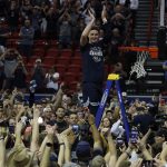 LAS VEGAS, NEVADA - MARCH 07: The Utah State Aggies celebrate after defeating the San Diego State Aztecs to win the championship game of the Mountain West Conference basketball tournament at the Thomas & Mack Center on March 7, 2020 in Las Vegas, Nevada. The Aggies defeated the Aztecs 59-56. (Photo by Joe Buglewicz/Getty Images)