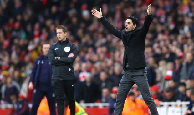 Mikel Arteta, Manager of Arsenal reacts during the Premier League match between Arsenal FC and West...