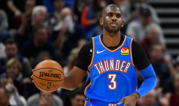 Chris Paul #3 of the Oklahoma City Thunder looks on during an opening night game against the Oklaho...