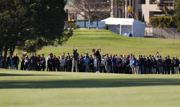 Ernie Els of the Republic of South Africa hits a shot on the 18th hole during the final round of th...
