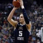 Sam Merrill #5 of the Utah State Aggies goes for the shot against the San Diego State Aztecs during the championship game of the Mountain West Conference basketball tournament at the Thomas & Mack Center on March 7, 2020 in Las Vegas, Nevada. (Photo by Joe Buglewicz/Getty Images)