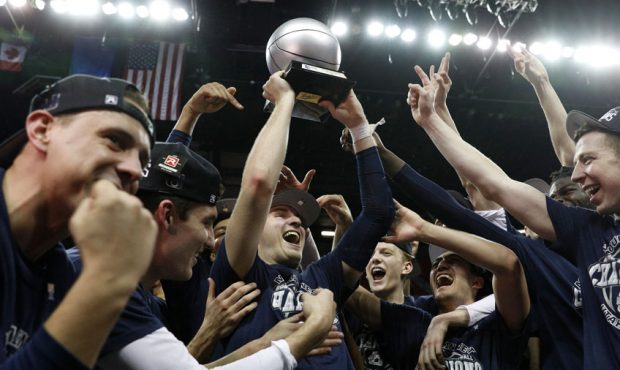 Sam Merrill #5 of the Utah State Aggies is names MVP after defeating the San Diego State Aztecs to ...