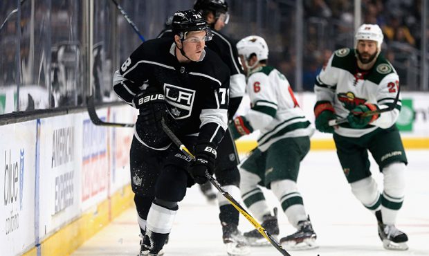 Daniel Brickley #78 of the Los Angeles Kings skates with the puck during the third period of a game...