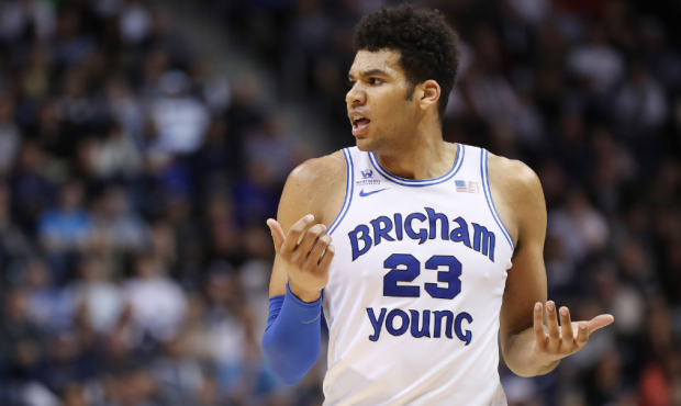 Brigham Young Cougars forward Yoeli Childs (23) protests a call against him in Provo on Thursday, J...