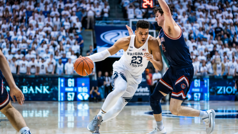 BYU's senior forward, Yoeli Childs had a fairly good showing despite having committed too many turnovers in his team's loss to Saint Mary's in the West Coast Conference tournament.  (Photo: Jaren Wilkey/BYU Photo, via KSLSports.com.)