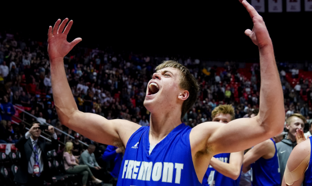Fremont’s Dallin Hall and Mitch Stratford celebrate their win over Davis in the 6A boys basketbal...
