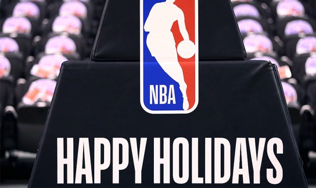 TORONTO, ON - DECEMBER 25: Christmas branding on the basketball stantion prior to an NBA game betwe...