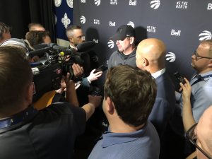 Toronto Raptors Coach Nick Nurse speaking to the media Monday night in Utah. (Ben Anderson - KSL Sports)