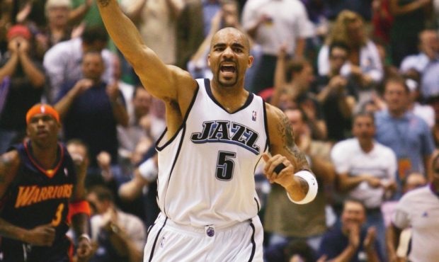 Carlos Boozer #5 of the Utah Jazz reacts to a play in Game One of the Western Conference Semifinals...