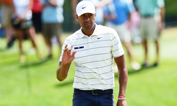 Tony Finau of the United States reacts on the 16th green during the third round of The Northern Tru...