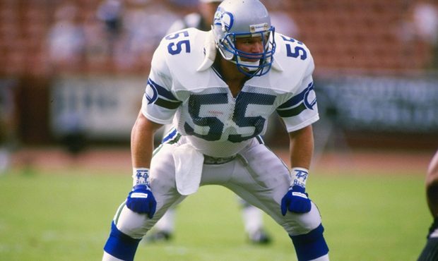 Linebacker Brian Bosworth of the Seattle Seahawks looks on during a game against the Los Angeles Ra...