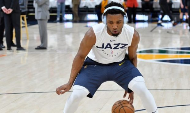 Donovan Mitchell #45 of the Utah Jazz practices dribbling prior to Game Four during the first round...