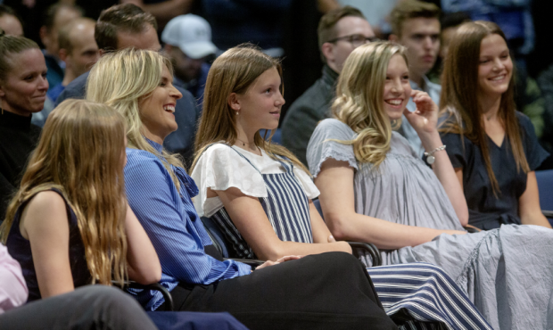Lee Anne Pope sits with her daughters Shay, Layla, Ella and Avery as BYU introduces Mark Pope as it...