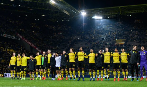 Players of Dortmund celebrating their win after the Bundesliga match between Borussia Dortmund and ...