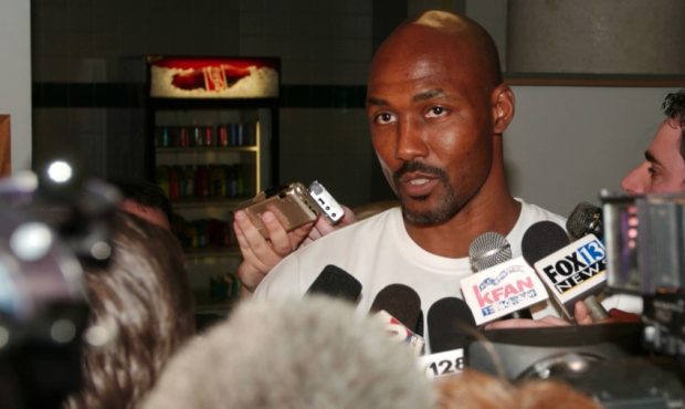 Karl Malone Speaks to the media (Photo By Kent Horner/NBAE via Getty Images)...
