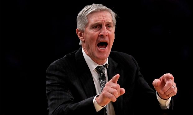 Head caoch Jerry Sloan of the Utah Jazz shouts instructions against the Los Angeles Lakers during G...