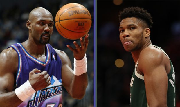 Karl Malone (Photo by Robert Laberge/Getty Images) next to Giannis Antetokounmpo (Photo by Patrick ...