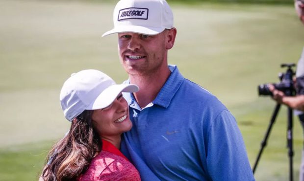 Former BYU golfer Patrick Fishburn, shown here hugging his wife, Madison, after winning the Utah Op...