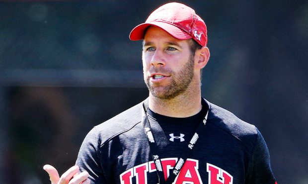 Defensive coordinator Morgan Scalley asks for a stopwatch during University of Utah football practi...