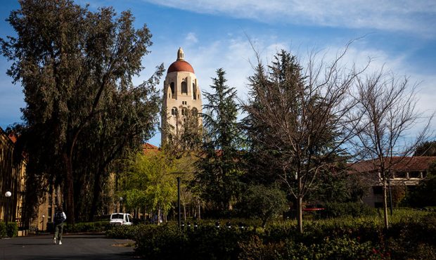 Hoover Tower looms during a quiet morning at Stanford University on March 9, 2020 in Stanford, Cali...