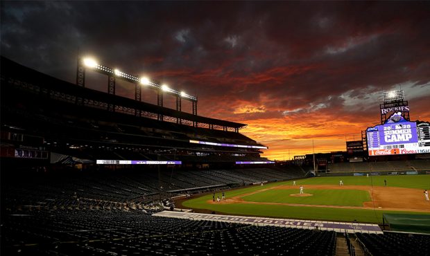 DENVER, COLORADO - JULY 15: The Colorado Rockies play an inter squad game during summer workouts at...