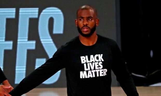 Chris Paul of the Oklahoma City Thunder wears Black Lives Matter shirt (Photo by Kim Klement-Pool/G...