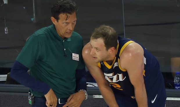 Joe Ingles talks to coach Quin Snyder (Photo by Kevin C. Cox/Getty Images)...