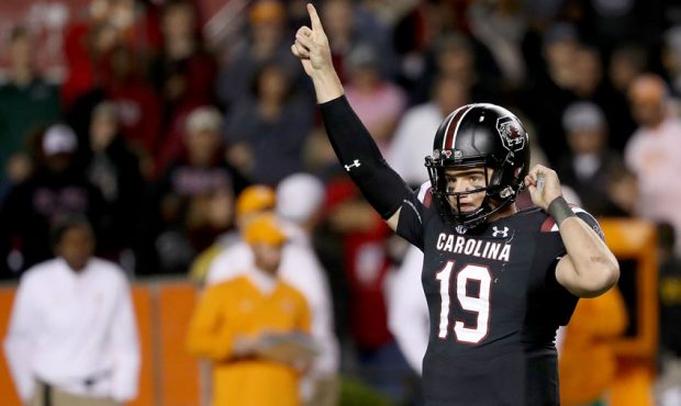 Jake Bentley #19 of the South Carolina Gamecocks reacts after defeating the Tennessee Volunteers 27...
