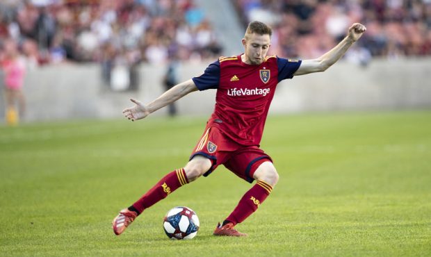 Andrew Brody dribbles the ball during Real Salt Lake's Open Cup match against LAFC on June 11th, 20...