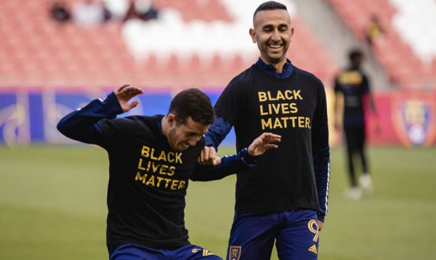 Aaron Herrera and Justin Meram joke around during pre-game against LAFC. Photo courtesy: Real Salt ...