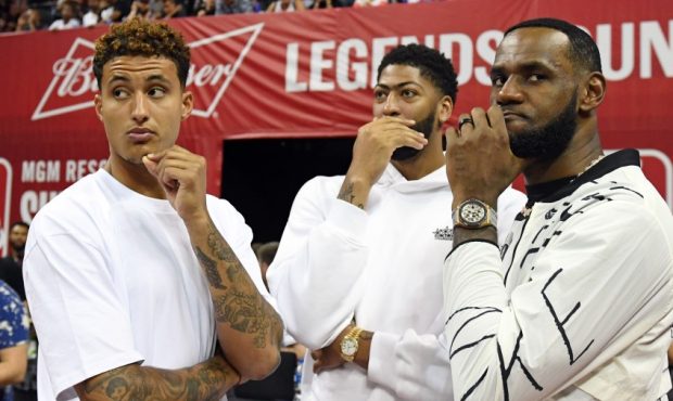 Kyle Kuzma, Anthony Davis, and LeBron James of the Los Angeles Lakers (Photo by Ethan Miller/Getty ...