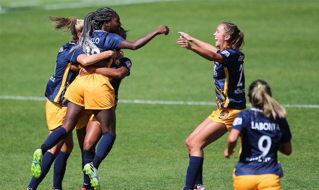 Utah Royals FC players celebrate as Aminata Diallo (38) scores the first goal during a NWSL soccer ...