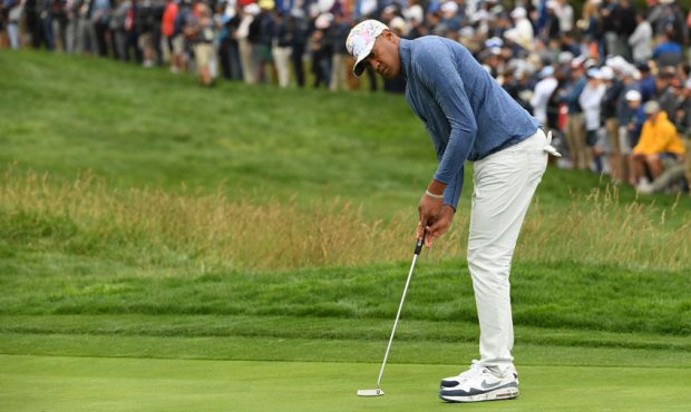 Tony Finau of the United States hits a putt on the 15th green during the second round of the 2019 U...