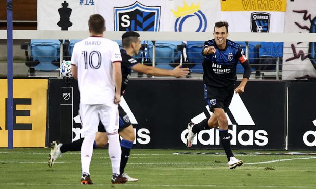 Chris Wondolowski #8 of San Jose Earthquakes celebrates after he scored a goal in the first half ag...