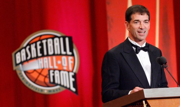 John Stockton being inducted into the Basketball Hall of Fame. (Photo by Jim Rogash/Getty Images)...