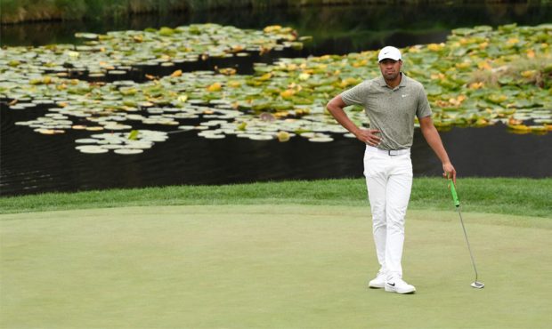 Tony Finau of the United States looks on over the 18th green during the second round of the Zozo Ch...