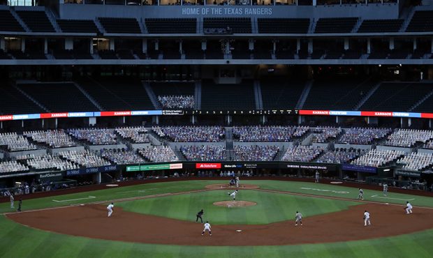 A general view of play between the Oakland Athletics and the Texas Rangers at Globe Life Field on S...