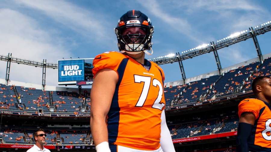 Garett Bolles of the Denver Broncos runs up field against the New