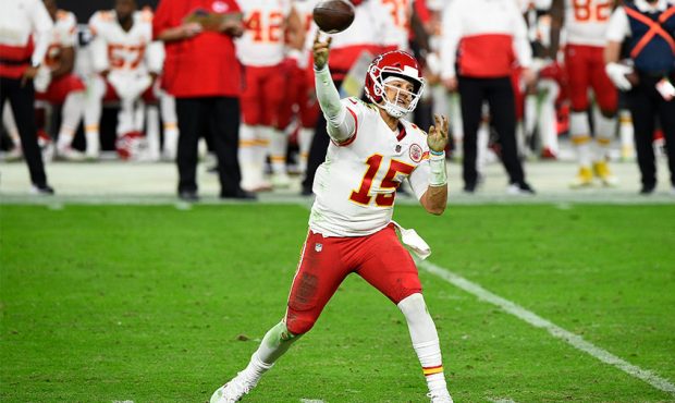 Quarterback Patrick Mahomes #15 of the Kansas City Chiefs throws the ball during the second half ag...