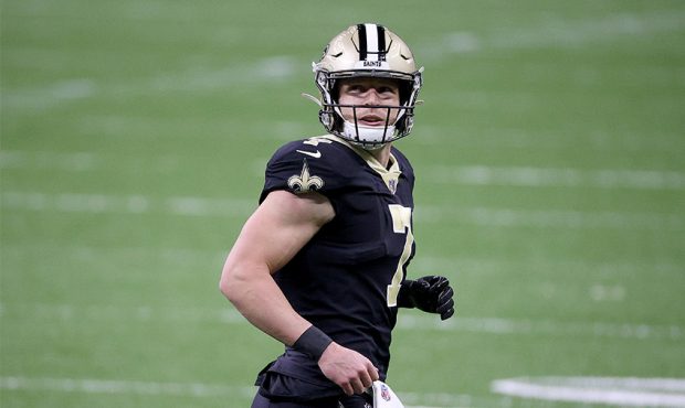 Taysom Hill #7 of the New Orleans Saints walks off the field in the first quarter against the Atlan...