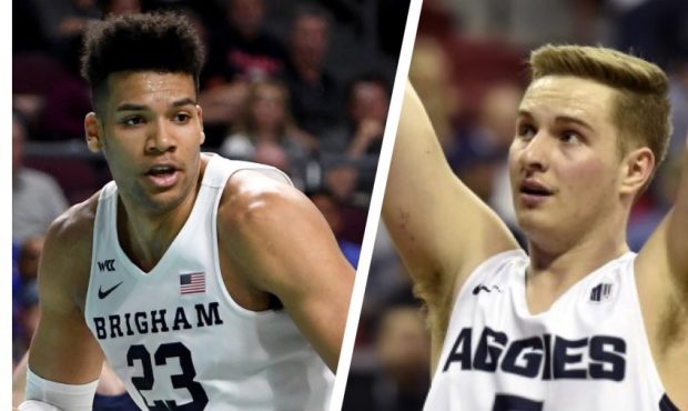 BYU forward Yoeli Childs (Photo by Ethan Miller/Getty Images) and Utah State guard Sam Merrill (Pho...