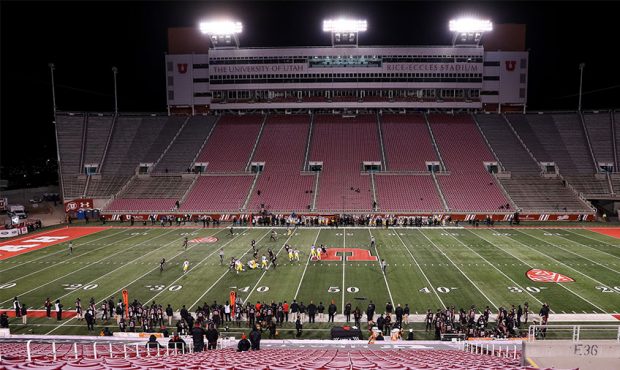 The Utah Utes and USC Trojans compete without fans in attendance at Rice-Eccles Stadium in Salt Lak...