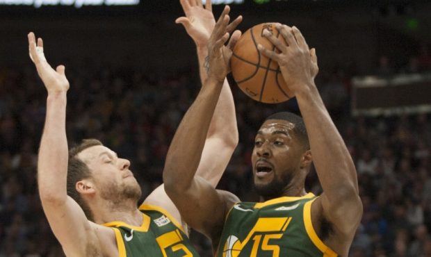 Joe Ingles and Derrick Favors (Photo by Chris Gardner/Getty Images)...