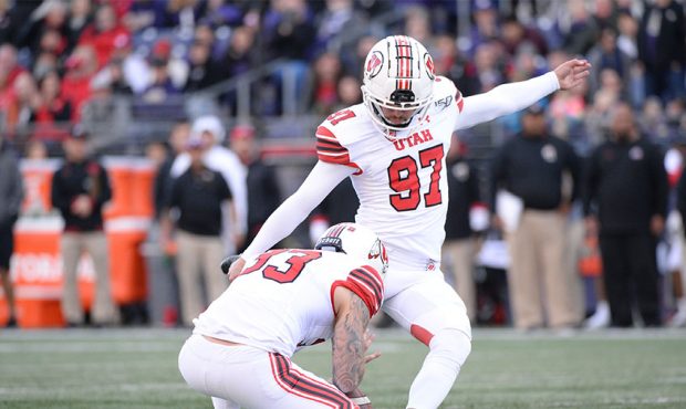 Utah Utes place kicker Jadon Redding (97) in action during a PAC12 Conference game between the Wash...