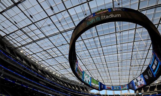 A general view of the roof and screen at SoFi Stadium before the game between the Los Angeles Rams ...
