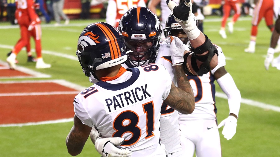 Denver Broncos wide receiver Tim Patrick (81) celebrates a