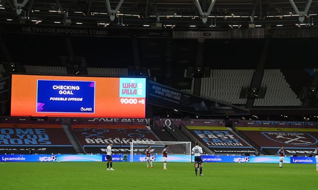 LONDON, ENGLAND - NOVEMBER 30: The big screen shows the VAR checking goal for possible offside duri...